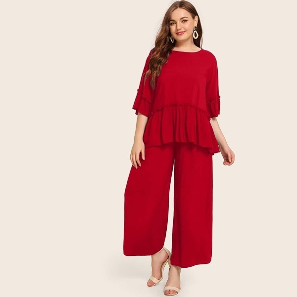

Plus Solid Peplum Top & Wide Leg Pants Set, Red