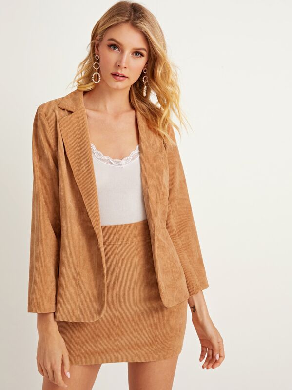 

Lapel Collar Open Front Corduroy Blazer With Skirt, Brown, Layson