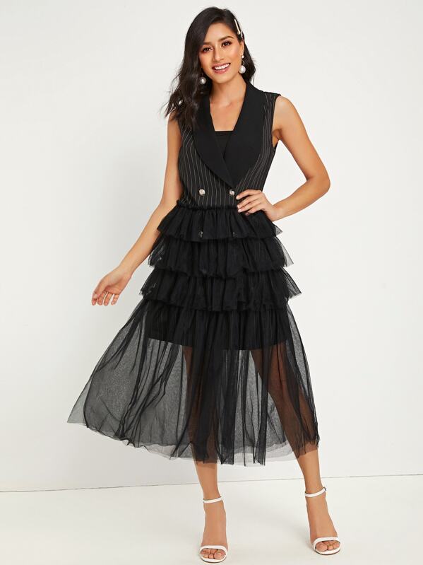 

Shawl Collar Striped Layered Mesh Overlay Blazer Dress, Black, Jessica B