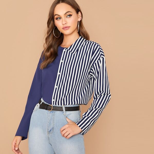 

Asymmetrical Neck Striped Button Front Blouse, Navy