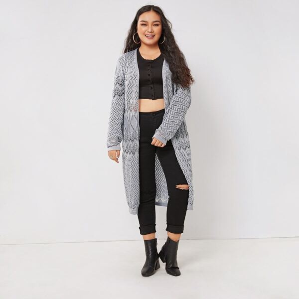 

Plus Open Front Loose Knit Cardigan, Grey