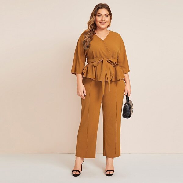 

Plus Self Belted Peplum Top & Pants Set, Camel
