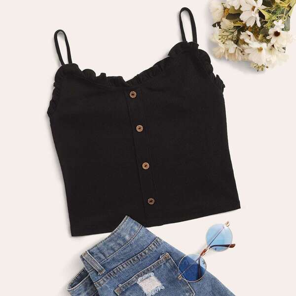

Frilled Trim Button Front Rib-knit Cami Top, Black