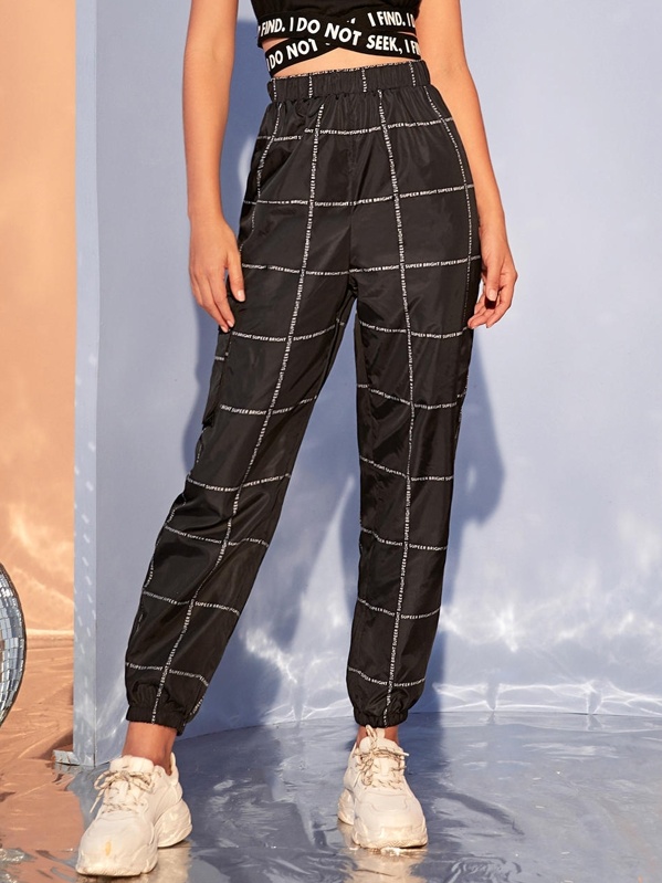 

Slogan Print Flap Pocket Side Wind Pants, Black, Debi Cruz