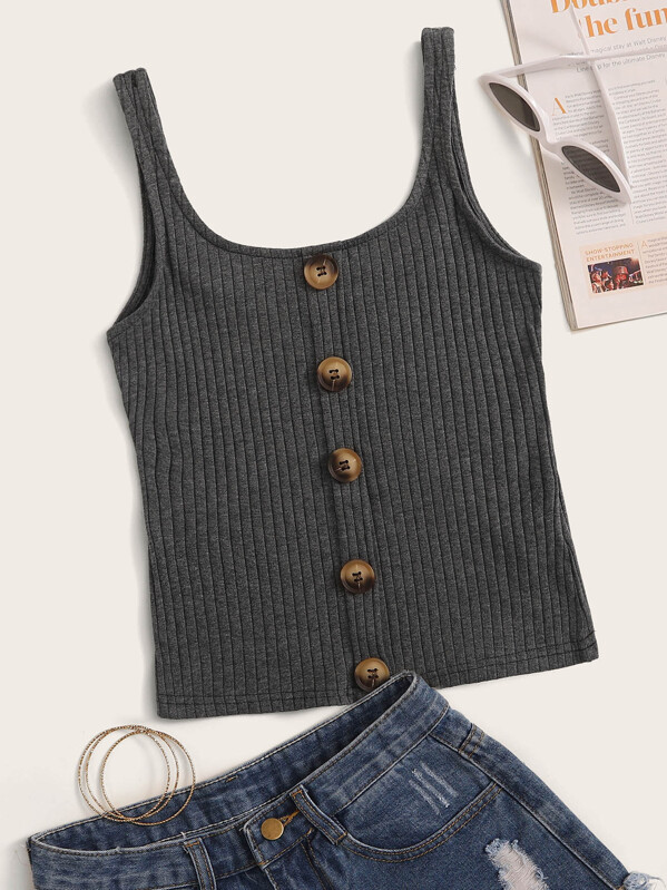 

Button Front Rib-knit Tank Top, Grey