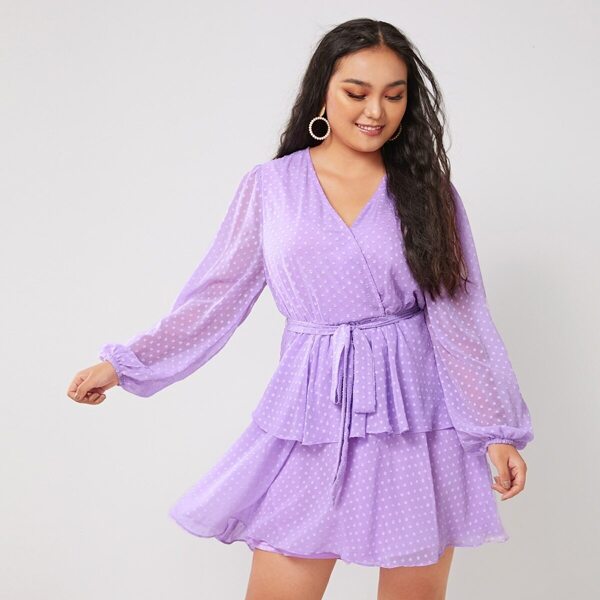 

Plus Swiss-dot Layered Ruffle Hem Belted Dress, Purple