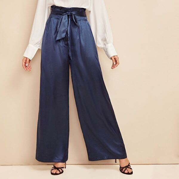 

Paperbag Waist Wide Leg Belted Satin Pants, Navy
