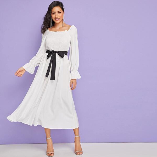 

Shirred Panel Raglan Flounce Sleeve Self Belted Dress, White