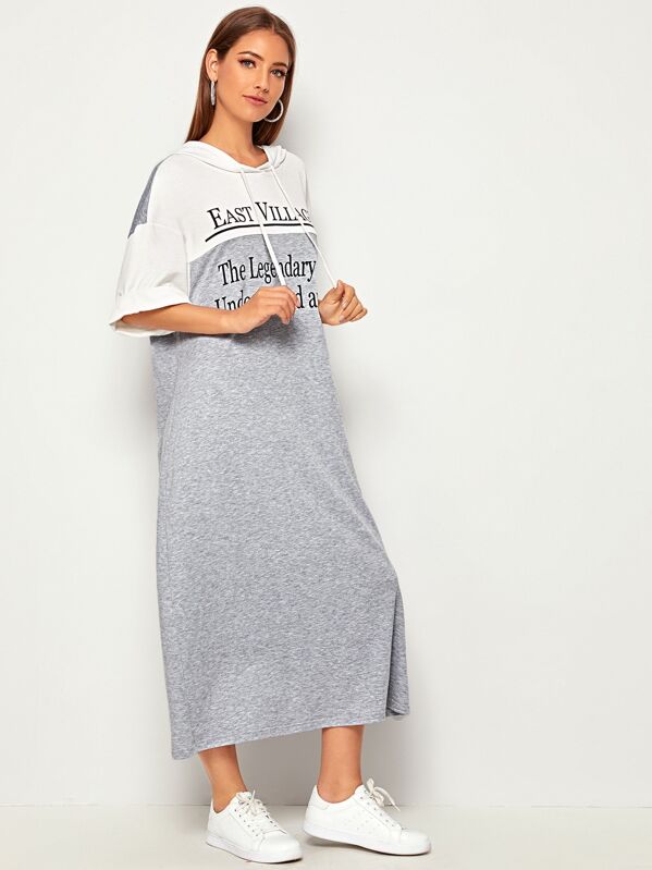 

Drawstring Detail Slogan Graphic Sweatshirt Dress, Grey, Debi Cruz