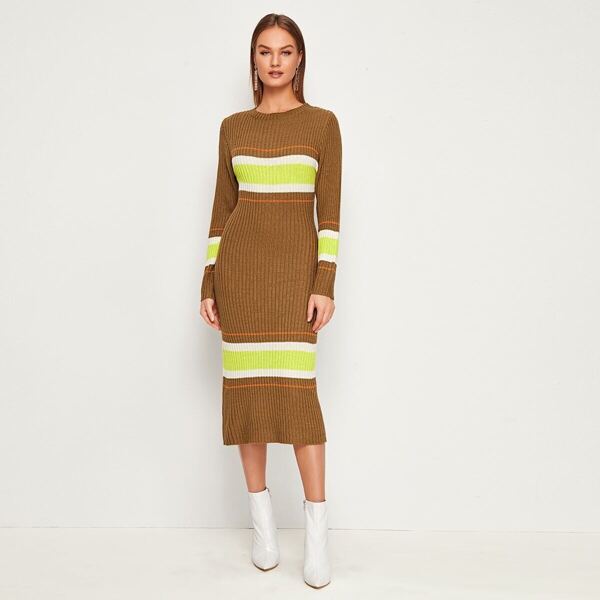 

Colorblock Neon Lime Striped Sweater Dress, Camel