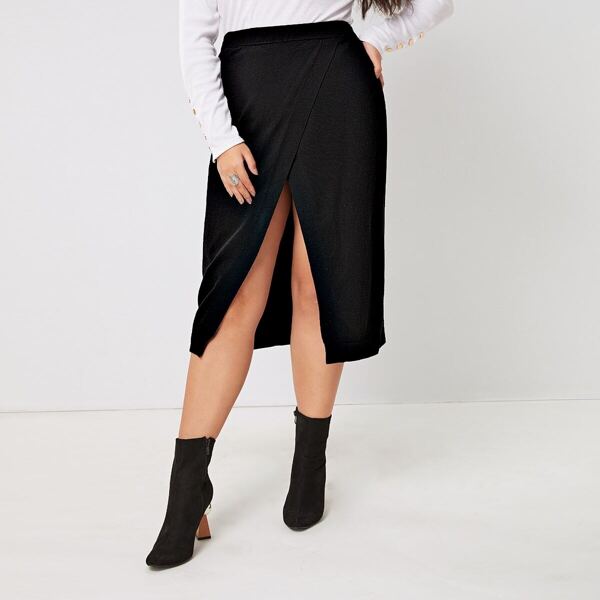 

Plus Solid Wrap Sweater Skirt, Black