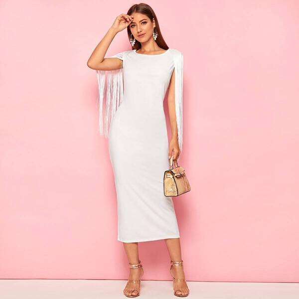 

Solid Fringe Detail Split Hem Dress