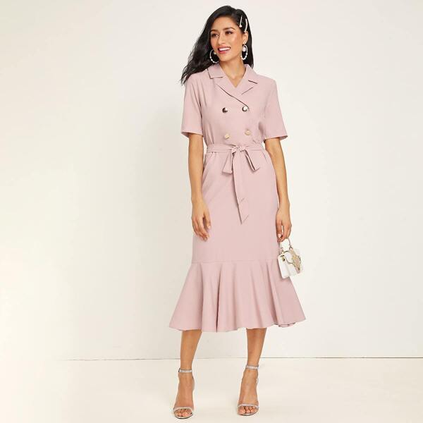 

Double Button Ruffle Hem Belted Dress, Pink pastel
