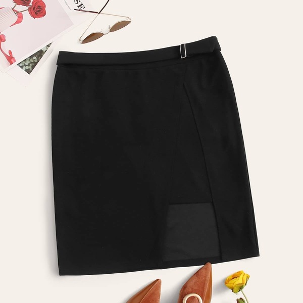 

Plus Zip Back Asymmetrical Hem Skirt, Black