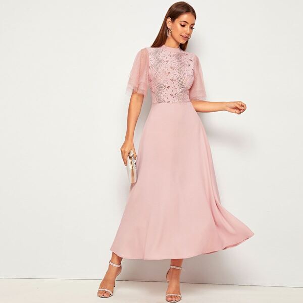 

Dobby Mesh Sleeve Lace Bodice Fit and Flare Dress, Pink pastel