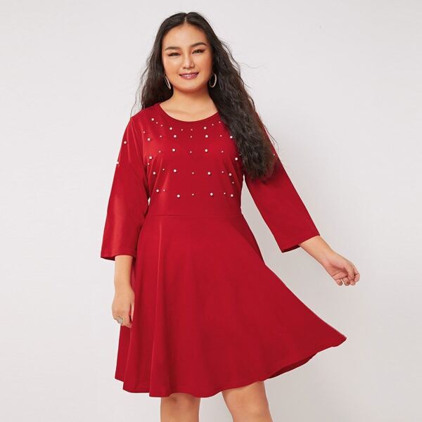 

Plus Pearl Embellished A-line Dress, Red bright
