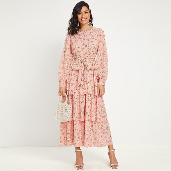 

Ditsy Floral Print Tiered Layered Belted Dress, Pink