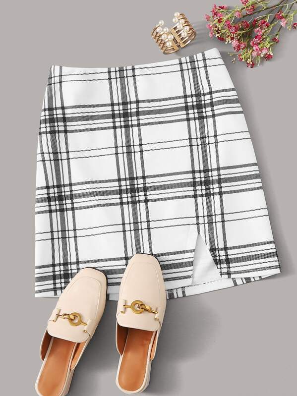 

Split Hem Plaid Skirt, White