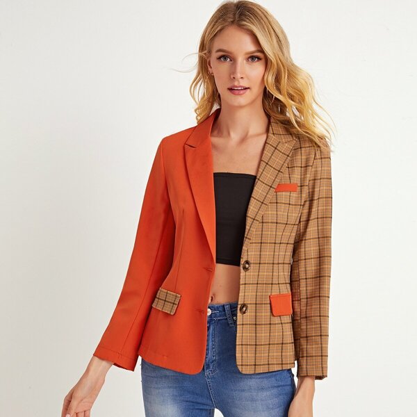 

Plaid Lapel Collar Spliced Blazer, Multicolor