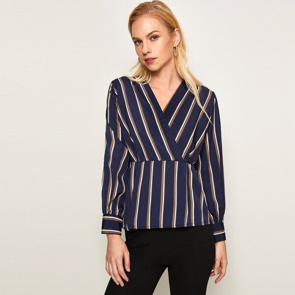 

Striped Surplice Front Peplum Blouse