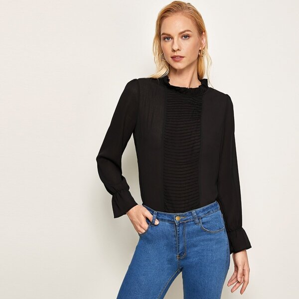 

Flounce Sleeve Frill Neck Blouse, Black
