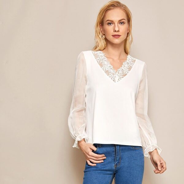 

Lace Trim Mesh Sleeve V Back Blouse
