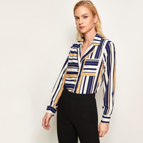 

Block Striped Pocket Patched Blouse, Multicolor