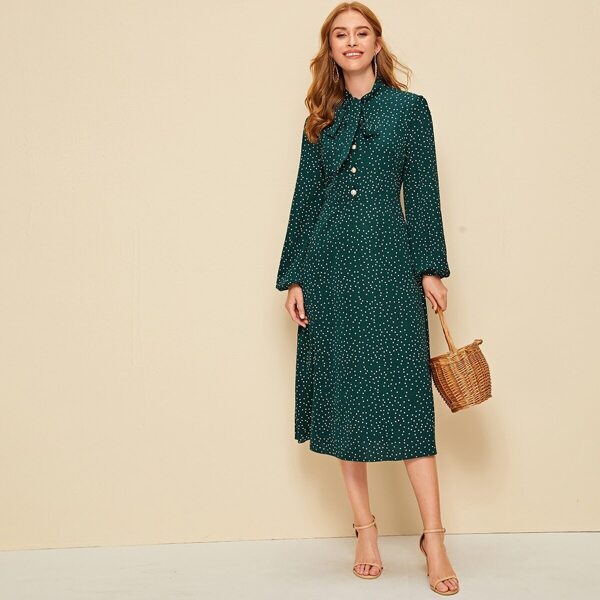 

Polka Dot Tie Neck Button Detail Dress