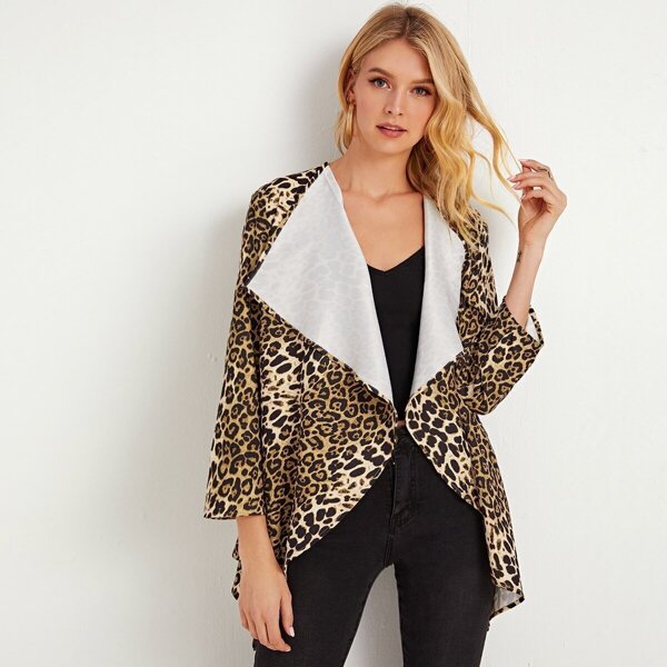 

Leopard Print Waterfall Collar Belted Coat, Multicolor