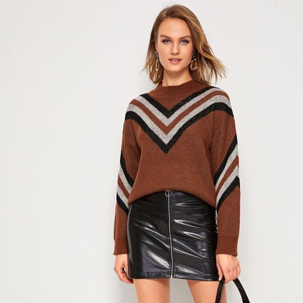 

Chevron Print Funnel Neck Drop Shoulder Sweater, Brown
