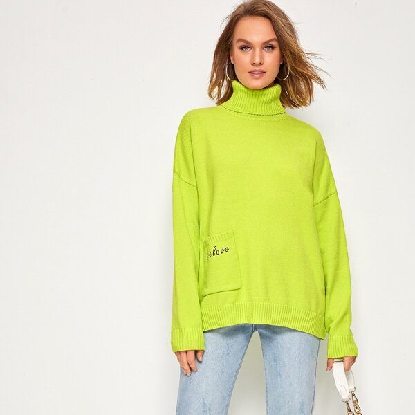 

Neon Green High Neck Pocket Patched Sweater, Green bright