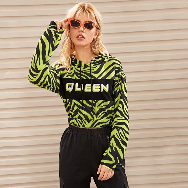 

Zebra Stripe & Letter Print Drawstring Hoodie