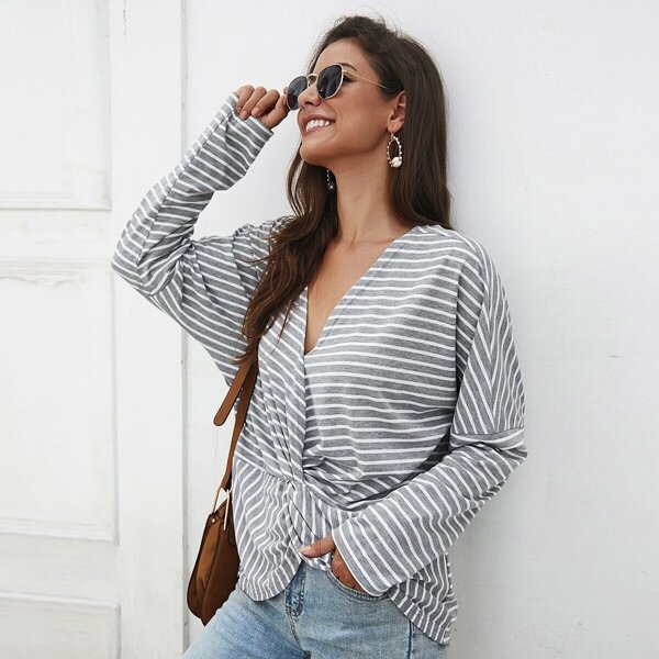 

Striped Twist Front V Neck Tee
