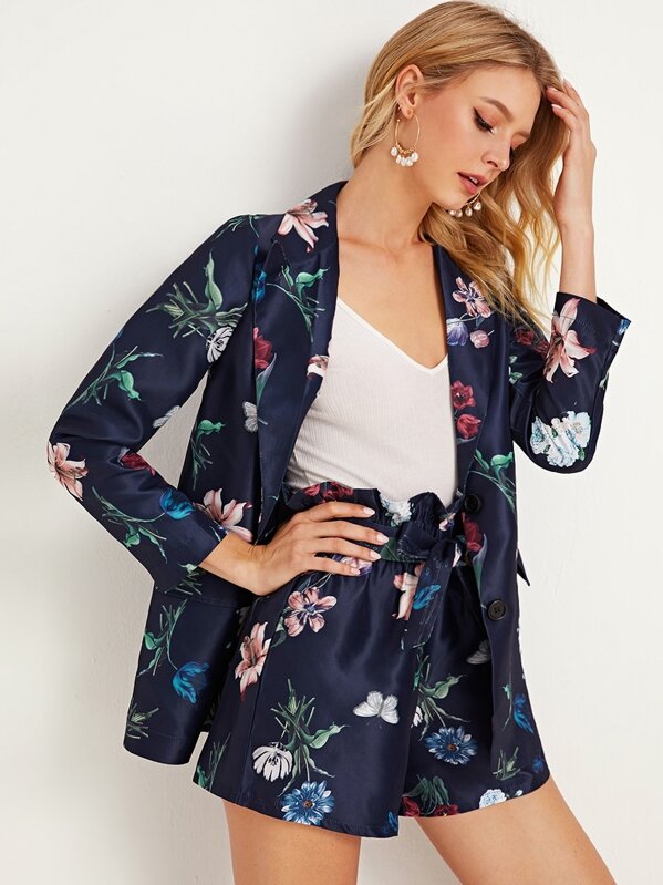 

Floral Print Single Breasted Blazer & Shorts Set, Navy, Layson