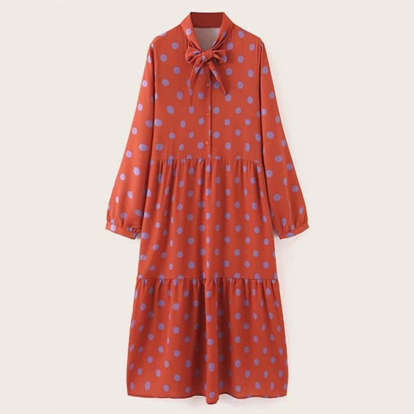 

Tie Neck Polka Dot Print Shirt Dress, Red