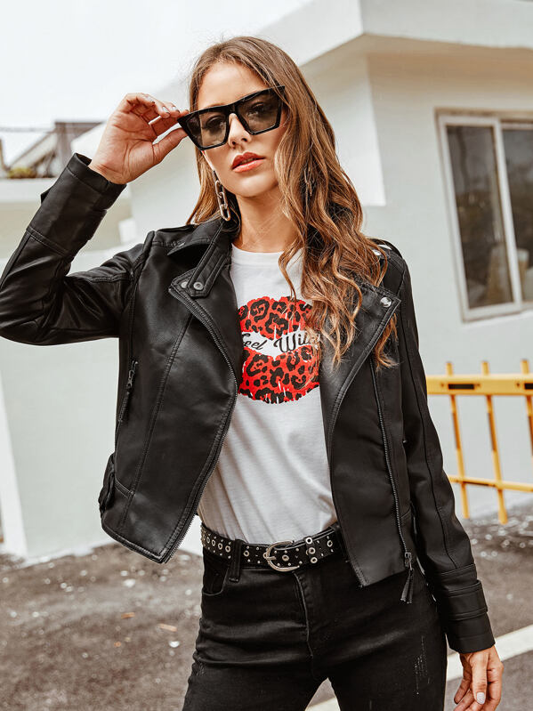 

PU Zip Up Biker Jacket, Black, Debi