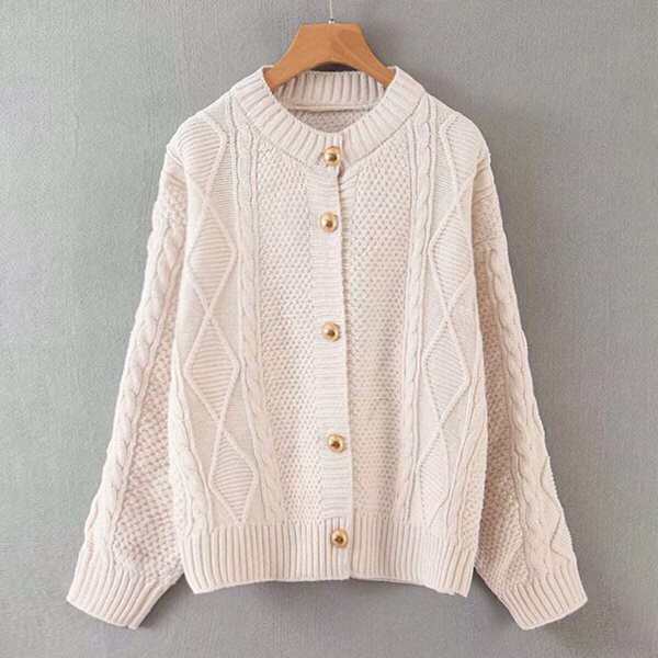 

Button Through Cable Knit Solid Cardigan