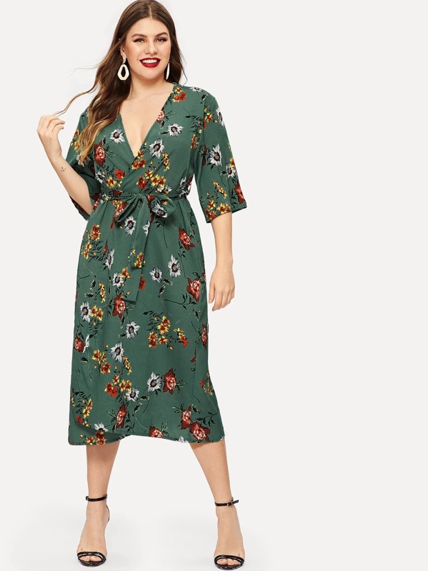 

Plus Floral Print Self-tie Wrap Chiffon Dress, Green, Isabela