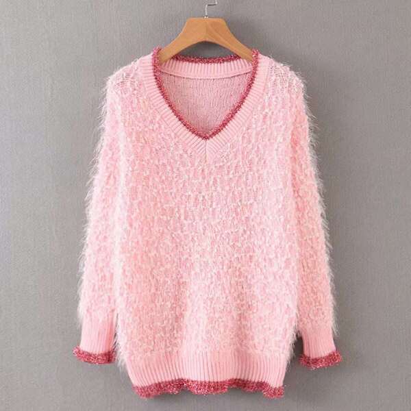 

V-Neck Shaggy Contrast Binding Sweater