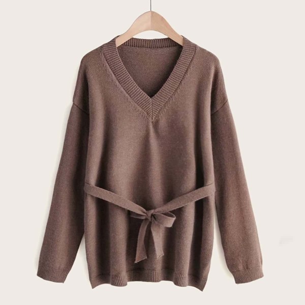 

Solid V-neck Tie Front Drop Shoulder Sweater