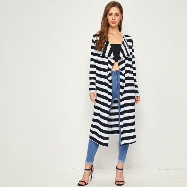 

Waterfall Neck Stripe Longline Outerwear, Black and white