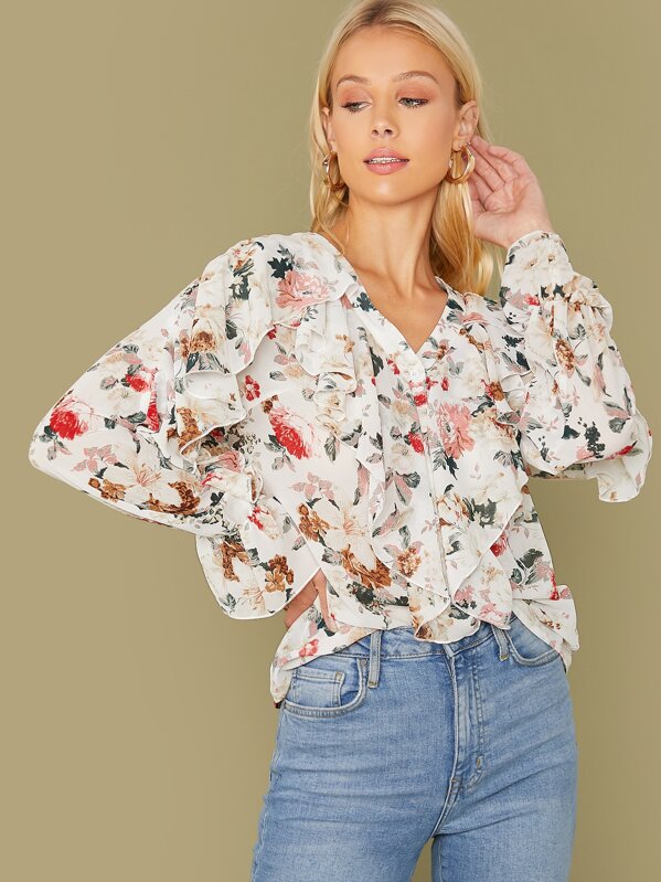 

Flounce Sleeve Ruffle Trim Floral Print Blouse, White, Allie Leggett