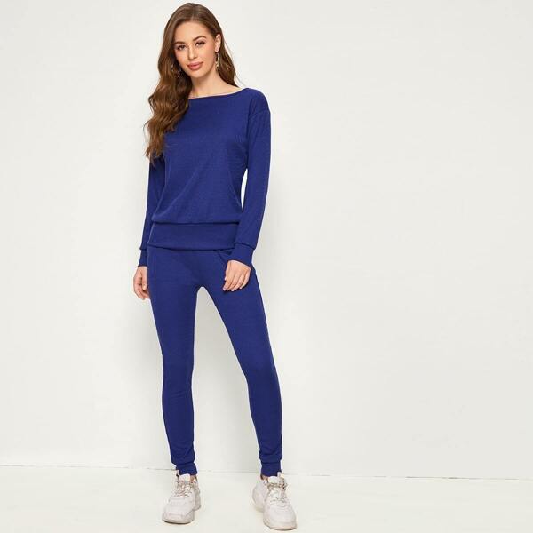 

Boat Neck Solid Sweater & Sweater Pants, Blue