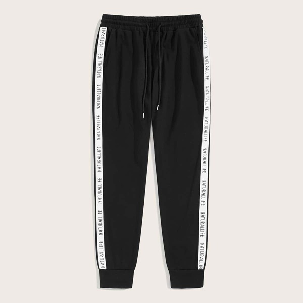 

Men Contrast Letter Sideseam Drawstring Waist Sweatpants, Black