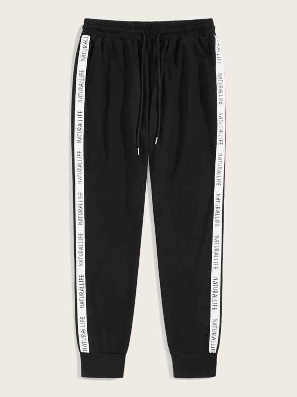 

Men Contrast Letter Sideseam Drawstring Waist Sweatpants, Black