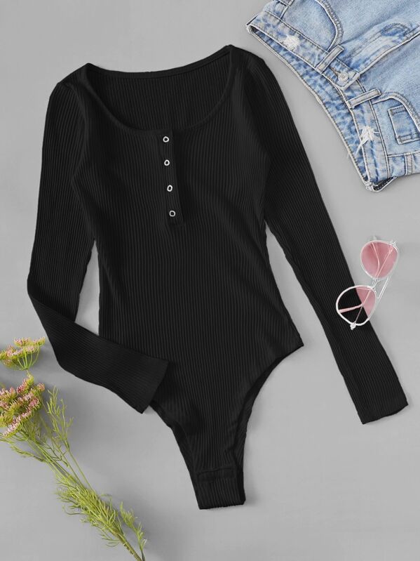 

Half Button Rib-knit Solid Bodysuit, Black