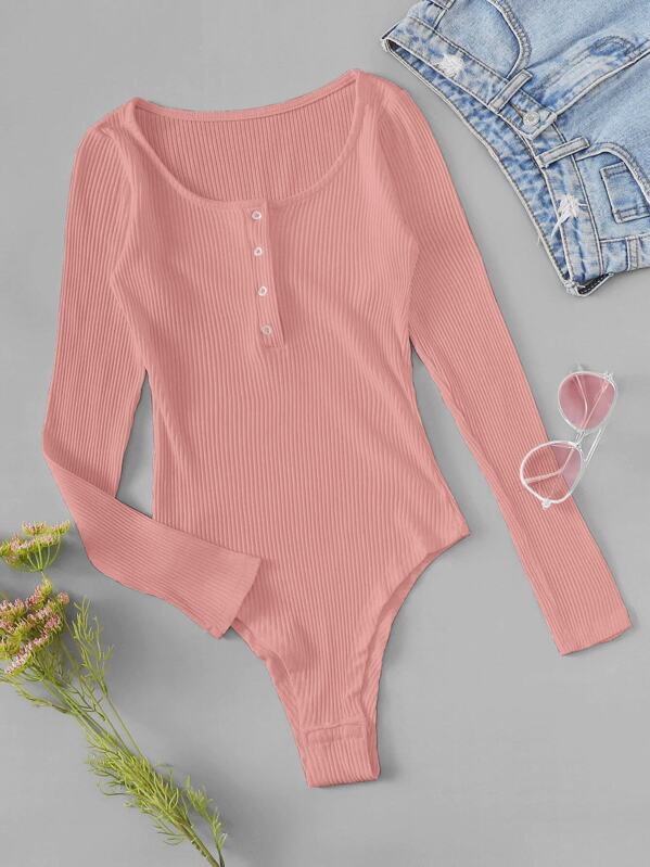 

Half Button Rib-knit Solid Bodysuit, Pink
