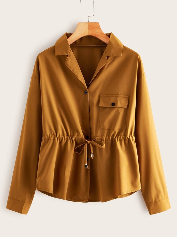 

Lapel Neck Drawstring Waist Solid Blouse, Camel