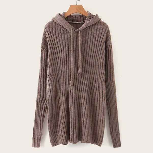 

Drop Shoulder Drawstring Hooded Sweater Dress, Brown