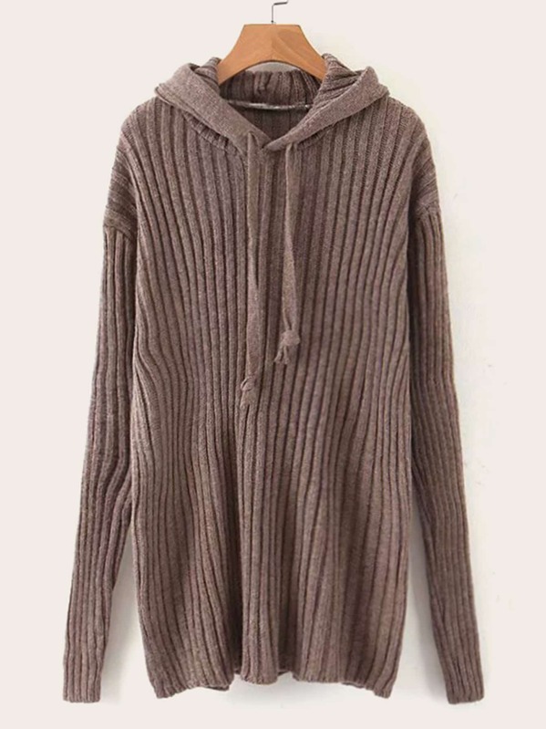 

Drop Shoulder Drawstring Hooded Sweater Dress, Brown